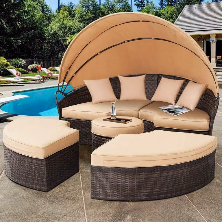 Isola solare in polyrattan 180 cm Lettino da giardino a conchiglia Lettino lounge marrone/beige