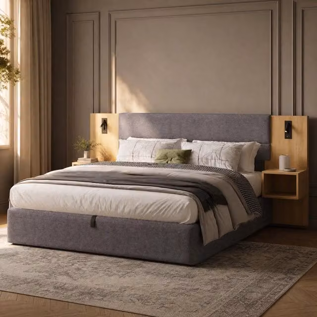 Letto imbottito ULEVR 160x200 cm con contenitore idraulico, USB-A e USB-C, luce e 2 comodini, velluto grigio naturale