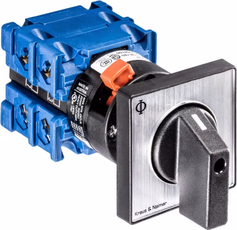 Kraus & Naimer Umsch., 0,2p, 60°, HAND-0-AUTO, 4-Loch-Bef., Ith=20A, P=5,5 kW (AC3, 400V), 2x2,5 mm², 1 pz.