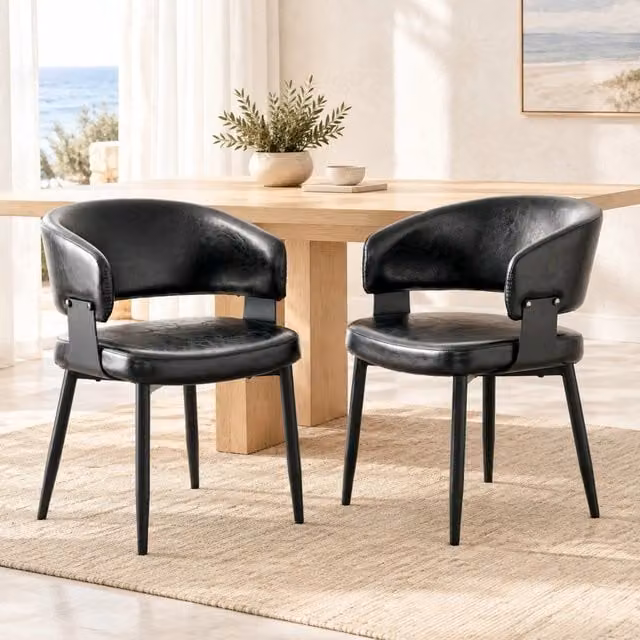 Sedia da pranzo ULEVR con braccioli integrati, schienale bicolore in similpelle e tessuto, gambe in metallo nero