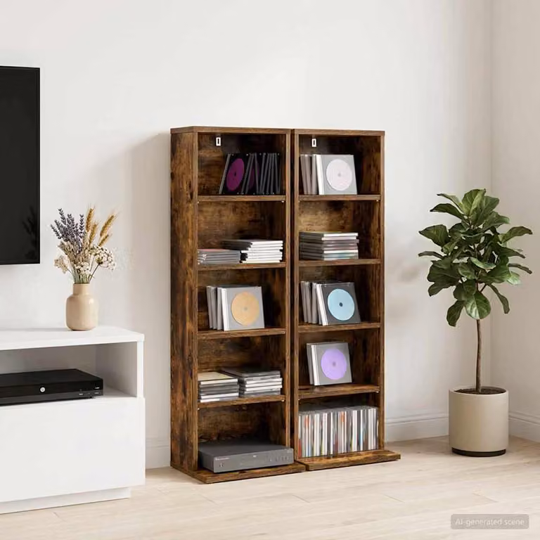 Set di 2 mobili porta CD vidaXL in Rovere Fumo con ripiani regolabili, L: 33 cm, P: 23,5 cm, H: 97,5 cm