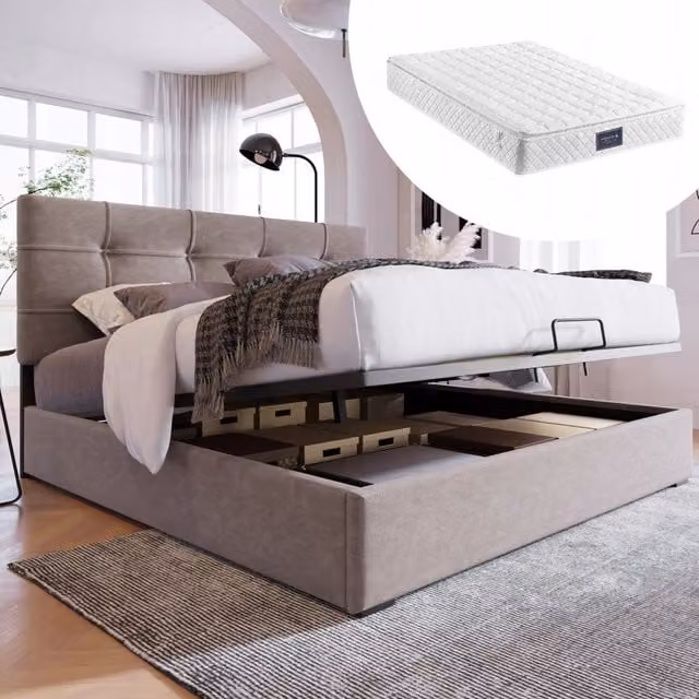 Letto matrimoniale con idraulica e velluto - Xylo - 140x200 cm - Grigio chiaro con materasso