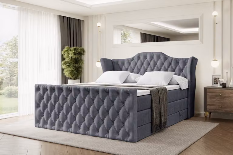Letto boxspring ALTDECOR con pediera, 2 materassi e topper - 180x200 cm - VILA-Z KING - Velluto grigio scuro - Letto imbottito con materassi H3 e H4, contenitore e rete a doghe, letto con spazio contenitivo