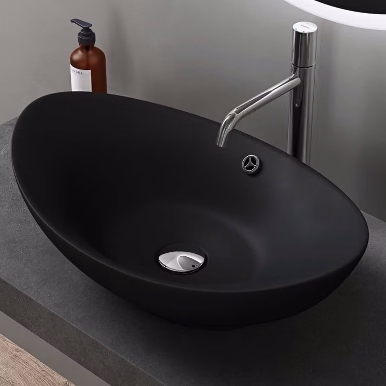 doporro Lavabo Ovale da Appoggio in Vetroceramica Nero Opaco 59 cm, Lavandino Bagno con Troppopieno Brüssel818