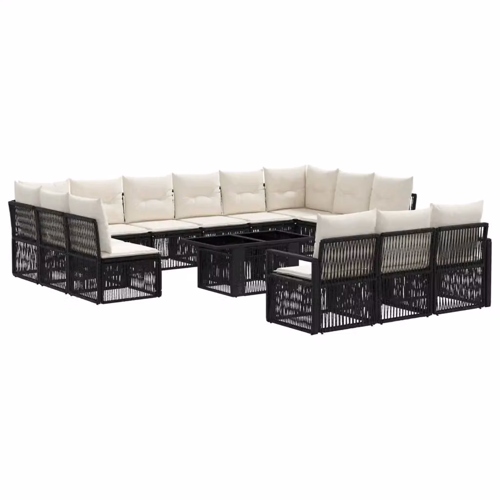 Set Divano da Giardino vidaXL 14 Pezzi in Polyrattan Nero e Bianco Crema con Tavolino e Cuscini a Forma di U – 2