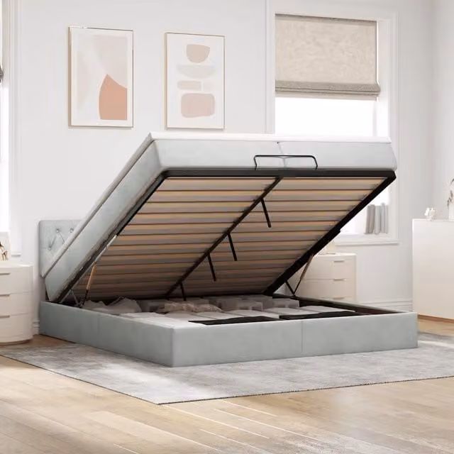 Letto matrimoniale con contenitore a sollevamento vidaXL in velluto grigio e bianco con porta USB e illuminazione sottostante L 200 x P 200 x H 280 cm
