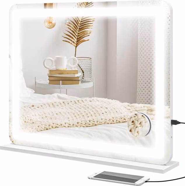 Specchio per trucco HOMCOM con LED regolabili, ingranditore 10x, presa USB e comandi touch, bianco, L: 80 cm, H: 62 cm, P: 14 cm