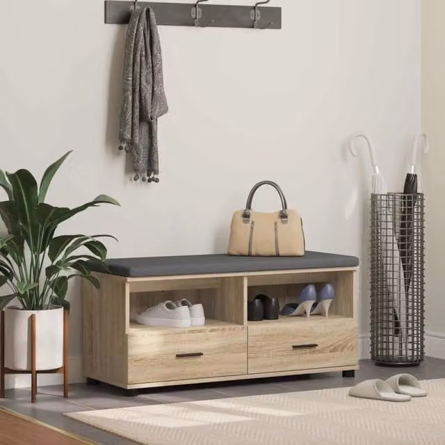 Panca per ingresso con scarpiera e cuscino vidaXL in rovere e tessuto grigio L: 100 cm, P: 38 cm, H: 46 cm – 1