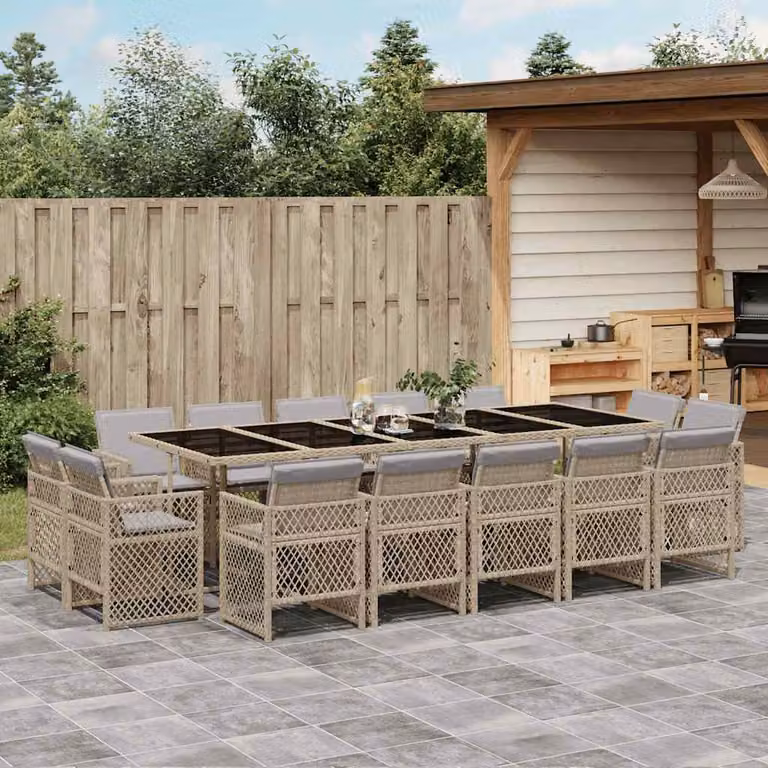 Set Pranzo da Giardino vidaXL 15 pz in Polyrattan con Cuscini Beige e Piano in Vetro