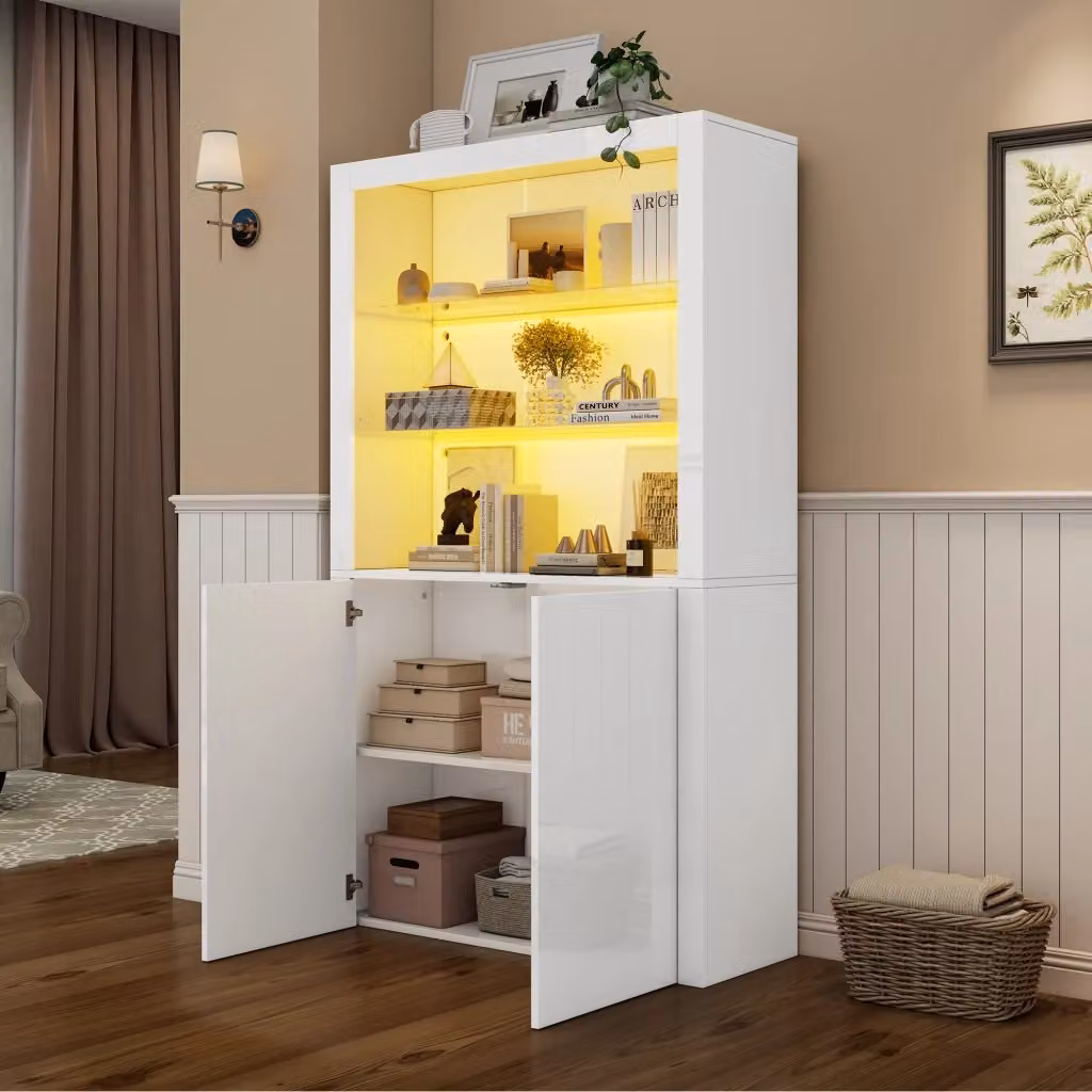 Vetrina Mivray moderna in MDF bianco lucido con ante in vetro e illuminazione integrata L 100 cm, P 35 cm, H 170 cm – 2