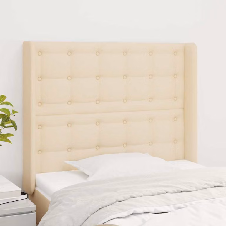 Testiera ad orecchio vidaXL in tessuto beige con struttura in legno L: 83 cm, P: 16 cm, H: 118-128 cm