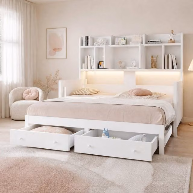 Divano letto estraibile MODFU in tessuto bianco con cassetti, vano contenitore, illuminazione LED e porta USB, L/P: 190 x 90 cm
