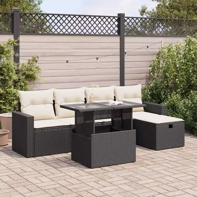 Set Divano da Giardino 6 pz vidaXL in Polyrattan Nero con Cuscini e Tavolino da Esterno