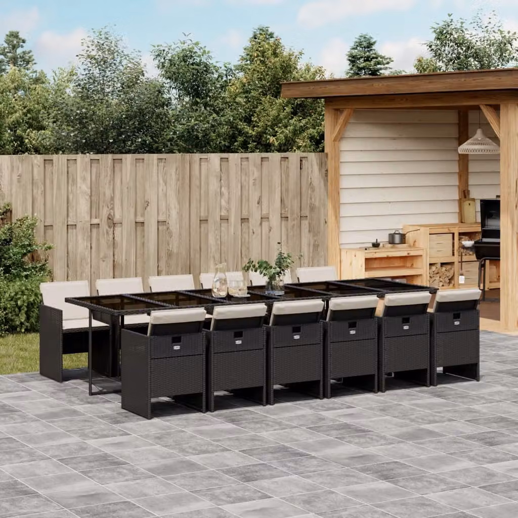 Set da Pranzo da Giardino vidaXL in Polyrattan Nero con Cuscini e Tavolo in Vetro, 13 Pezzi – 1