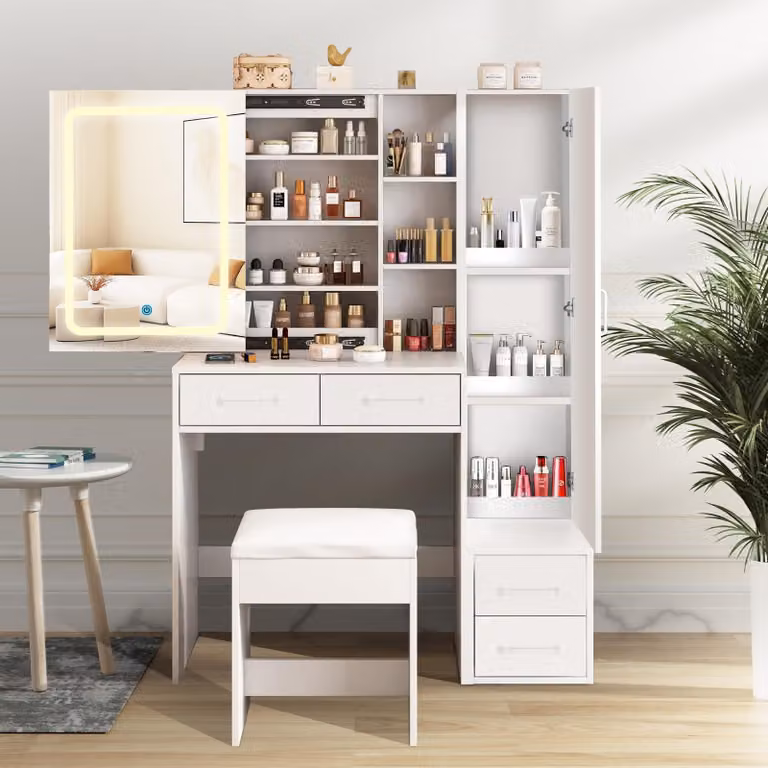 AIORBER Tavolino da trucco con illuminazione, con sgabello, 3 modalità di colore, ampio spazio di archiviazione, 4 cassetti e ripiano, moderno mobile da trucco, per camera da letto