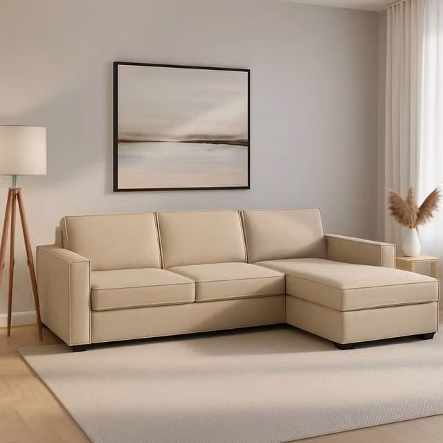 Divano con penisola sfoderabile Talamo Italia, modello moderno a L in tessuto beige, L: 260 cm, P: 95 cm, H: 90 cm