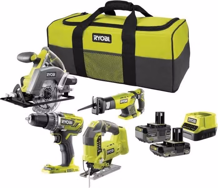 Set di utensili a batteria Ryobi ONE+ da 4 pezzi, trapano avvitatore, seghetto alternativo, sega circolare e sega a gattuccio, 2 batterie da 4,0 Ah e 2,0 Ah, caricabatterie e borsa