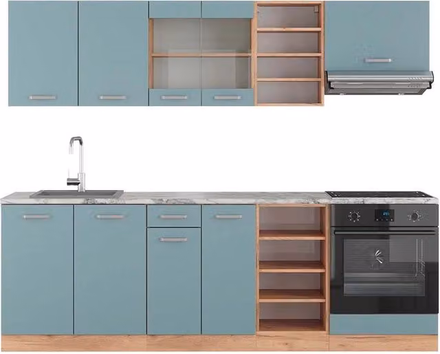 Cucina componibile moderna Vicco R-Line in legno e metallo, Grigio-blu e Rovere, L: 240 cm, P: 60 cm, H: 206,8 cm