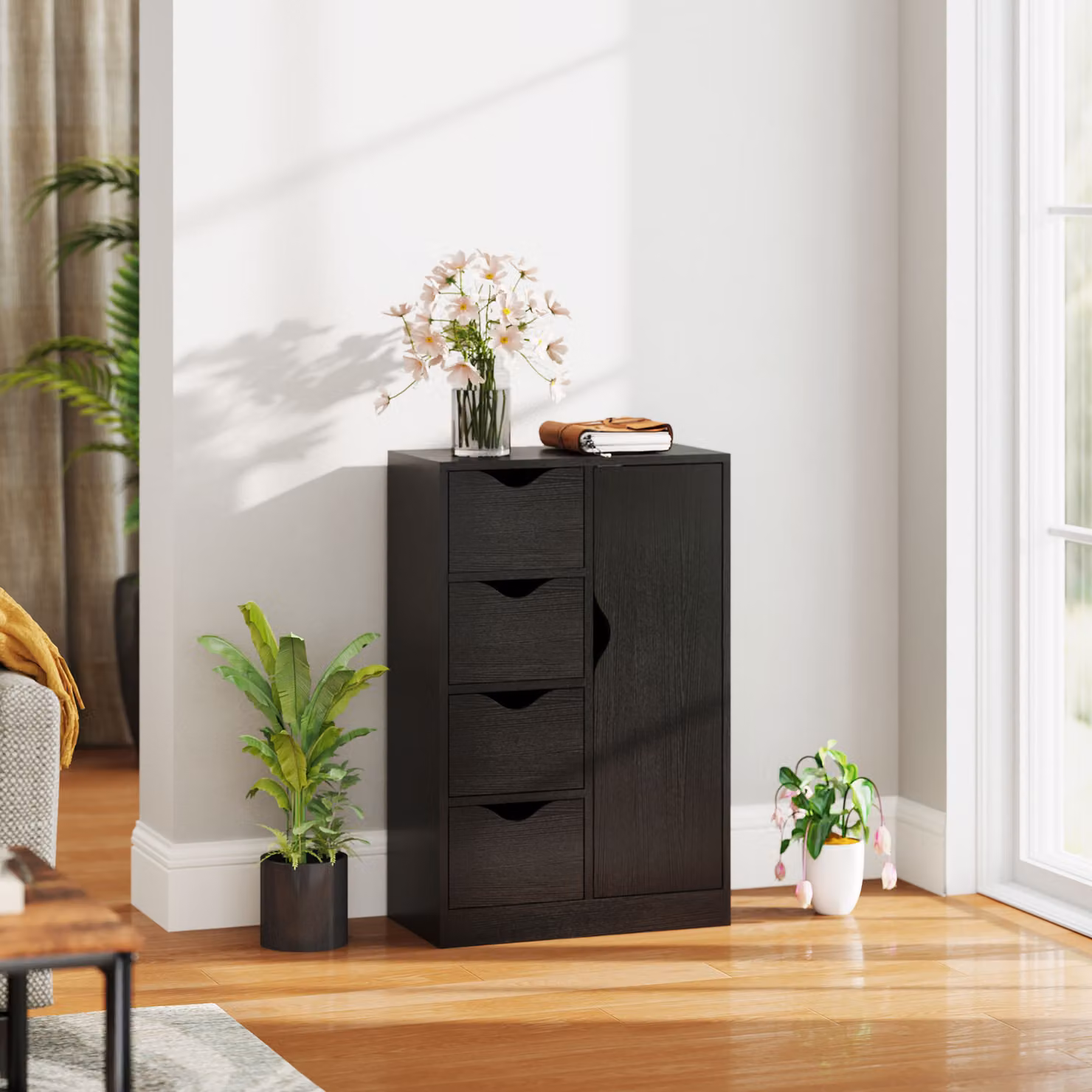 Mobiletto da bagno HOMCOM in legno nero con 4 cassetti e armadietto a 2 livelli, L 54 cm x P 29 cm x H 83 cm – 2