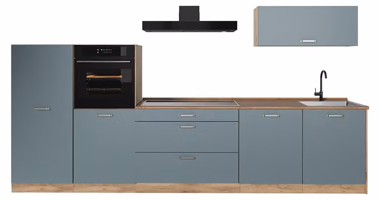 Cucina componibile Vicco R-Line Grigio-blu/Rovere dorato 340 cm piano di lavoro Rovere dorato, Model 67302
