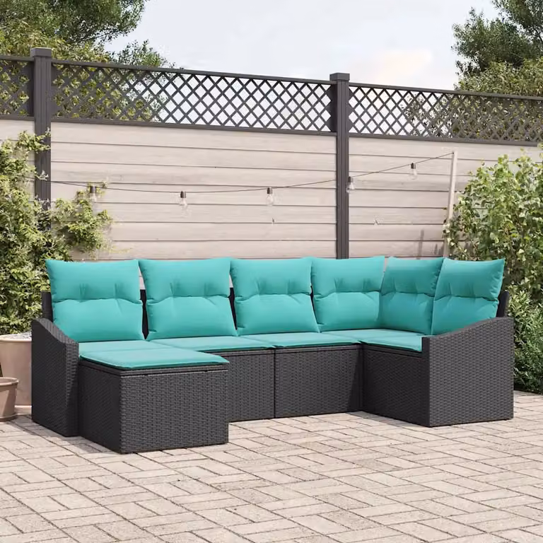 Set di divani da giardino vidaXL a forma di L composto da 6 pezzi con tavolino e pouf, colore nero e turchese, struttura in metallo e rattan con cuscini inclusi