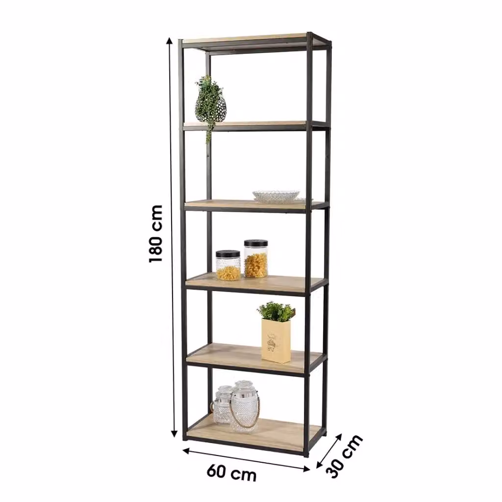 Biblioteca a 6 livelli collezione RANONG Meublorama in stile industriale, rovere e nero, L: 60 cm, P: 30 cm, H: 180 cm – 2