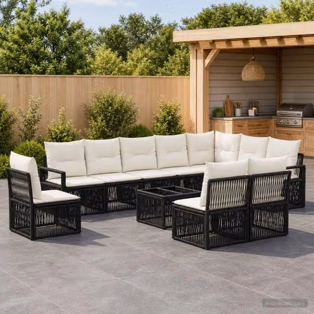 Set Divano da Giardino vidaXL a forma a U in Polyrattan Nero con Cuscini e Tavolino da Caffè