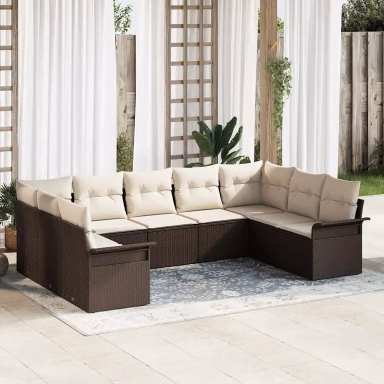 Set Divano da Giardino vidaXL 9 Pezzi Marrone in Polyrattan con Cuscini e Struttura in Acciaio Verniciato a Polvere