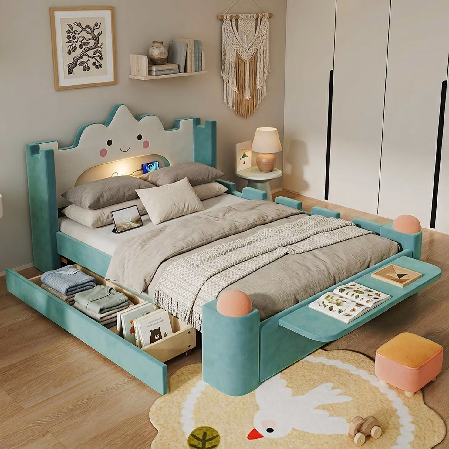 Letto imbottito STILVORA, 140x200 cm, con cassetto contenitore montabile a sinistra o a destra, letto singolo con lampada da lettura a LED e porta USB, letto per bambini con protezione laterale e rivestimento in velluto, colore blu-verde, completo di mate