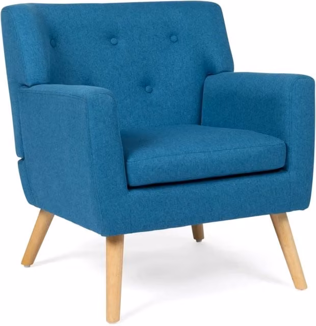 IDMarket Poltrona scandinava LIV in tessuto blu con struttura in legno e braccioli