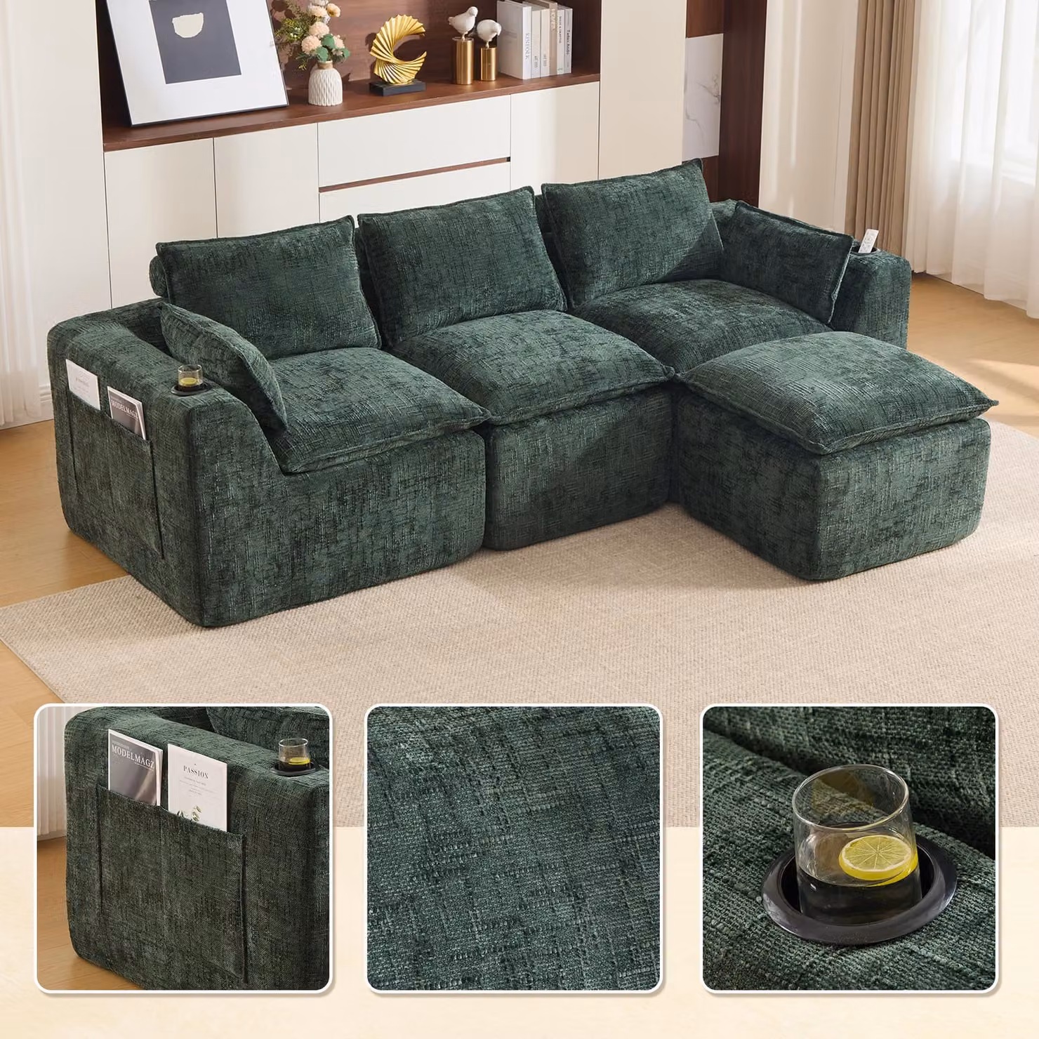 Divano modulare LVHOM a 3 posti, rivestito in chenille, forma a "L", con portabicchieri e tasche laterali, grande divano, 256 cm, verde