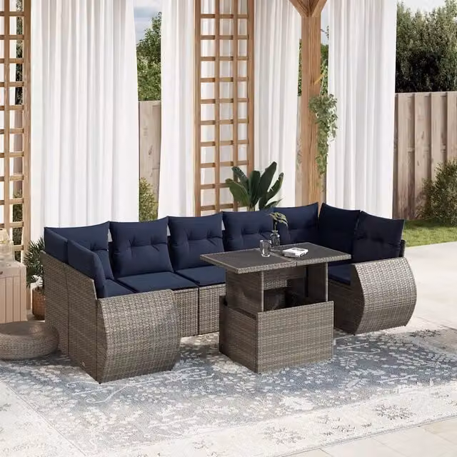 Set di Divani da Giardino vidaXL 8 Pezzi con Tavolino in Polyrattan e Cuscini Blu e Grigio