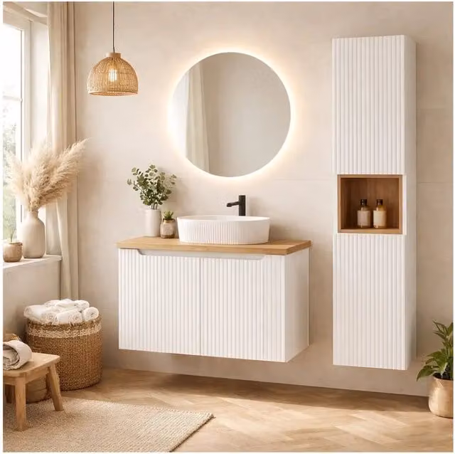 Insieme VANO bianco 110cm: mobile sotto lavabo con armadietti + piano per lavabo + lavabo da appoggio scanalato bianco + colonna