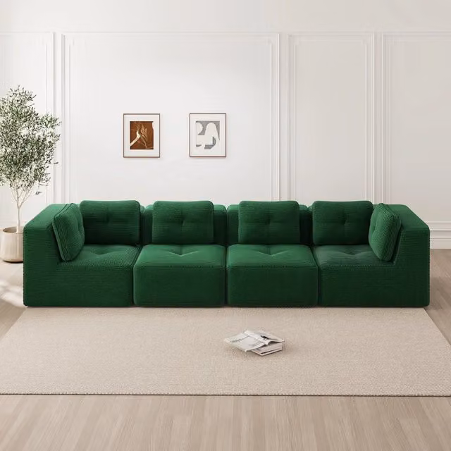 Divano angolare modulare in velluto a coste con base antiscivolo; verde; senza montaggio