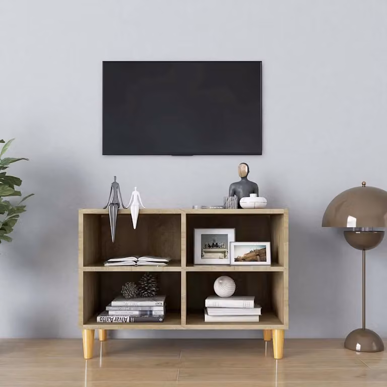 Mobile TV vidaXL in stile scandinavo con gambe in legno di eucalipto, colore beige e marrone, L: 69,5 cm, P: 30 cm, H: 50 cm