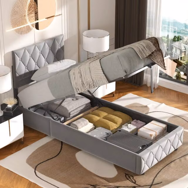 Letto singolo imbottito 90x200 cm grigio in velluto con rete a doghe e struttura in MDF, compensato e ferro