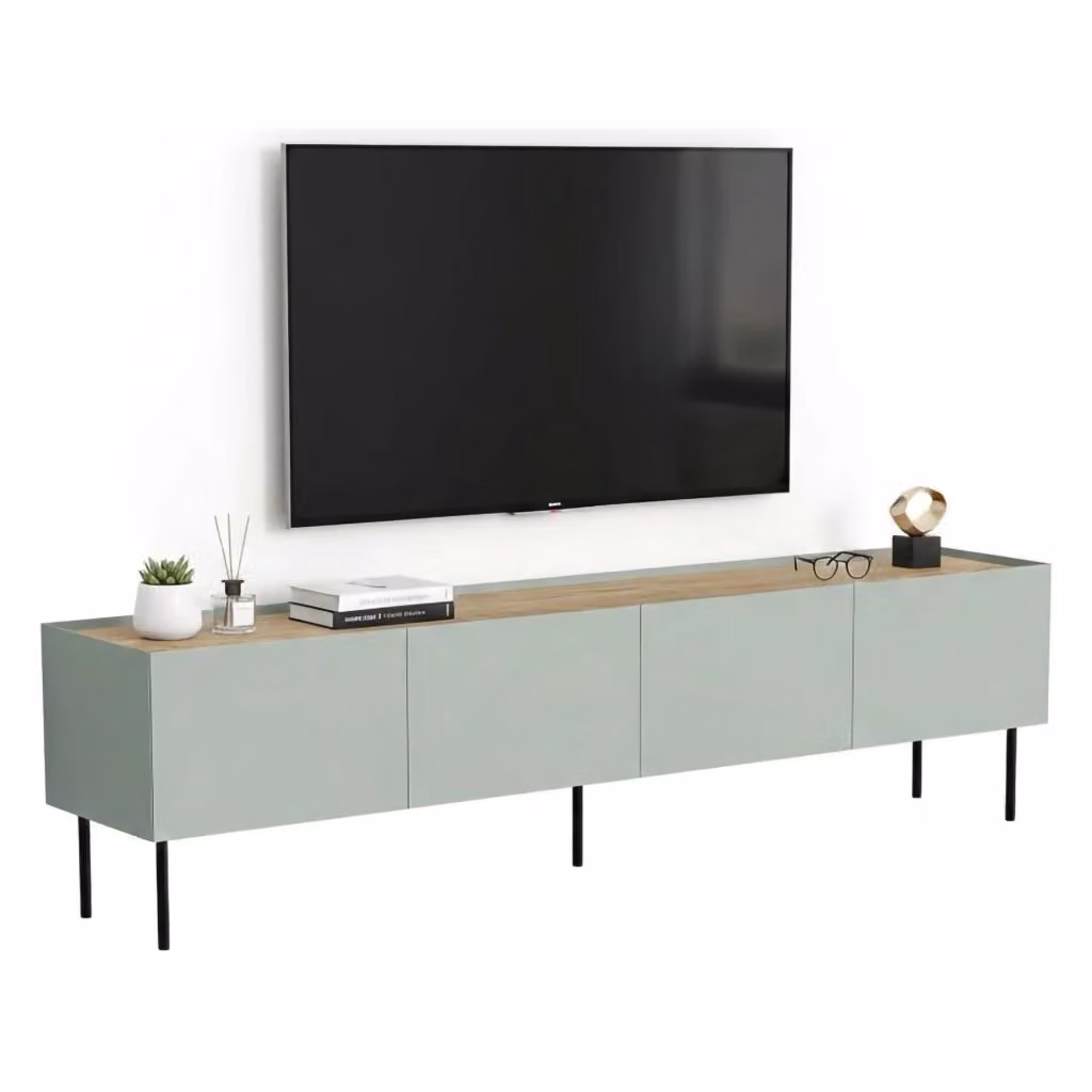 Mobile porta TV moderno DMORA con un ripiano, colore verde, L 200 cm x P 40 cm x H 52 cm – 2