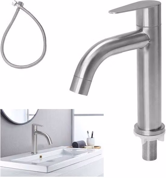 Rubinetto per acqua fredda Ibenzoa® in acciaio inossidabile (SUS304) – superficie facile da pulire, miscelatore monocomando per lavabo con bocchetta regolabile, robusto per bagno, cucina e servizi igienici, facile da installare