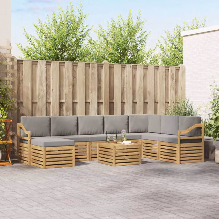 vidaXL Set di divani da esterno a L composto da 9 pezzi in legno di acacia con cuscini, bianco, grigio e marrone