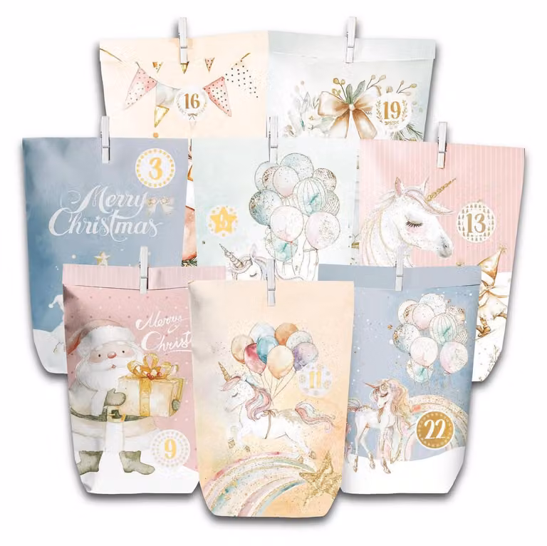 Kit per creare un calendario dell'Avvento: 28 sacchetti di carta con accessori, motivo unicorno dipinto ad acquerello