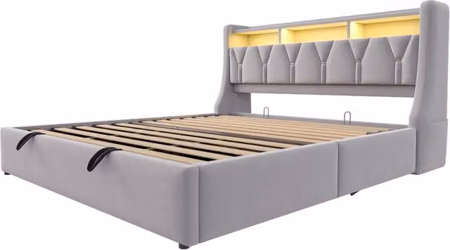 Letto contenitore matrimoniale 180x200 cm in velluto con LED RGB; USB e testiera portaoggetti; grigio chiaro