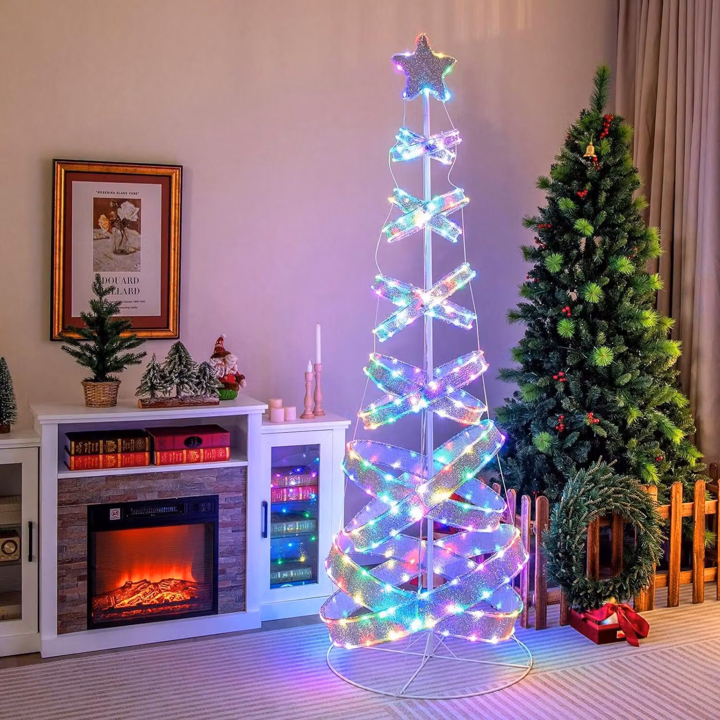 COSTWAY Albero di Natale a spirale a LED, albero di Natale illuminato da 210 cm, 341 LED, 34 modalità di illuminazione, pieghevole, albero a spirale a LED con stella, albero di Natale in metallo poliestere, decorazione natalizia per interni ed esterni