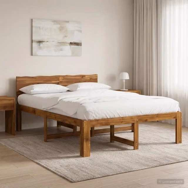 Letto matrimoniale moderno vidaXL in legno di acacia naturale con testiera L/P: 140 x 190 cm – 1