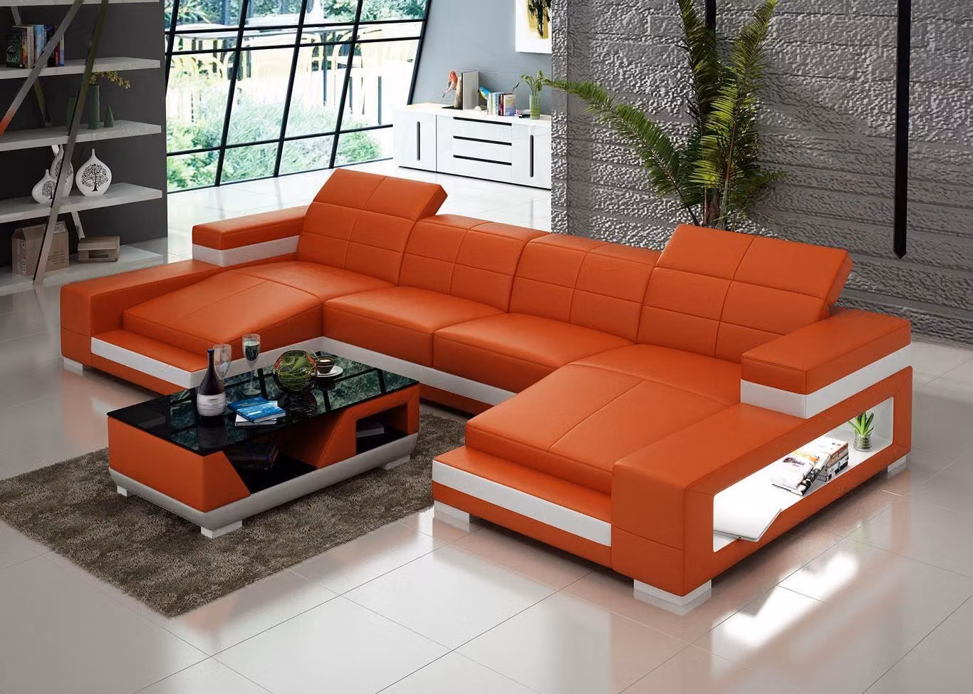 Ecksofa Sofa Wohnlandschaft U-Form Polster Couch Ledersofa Orange Sofas Garnitur