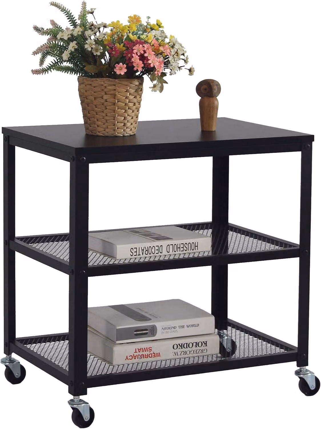 Carrello con 3 ripiani - Ruote - 61x60x40 cm - Nero - Adatto per cucina e soggiorno
