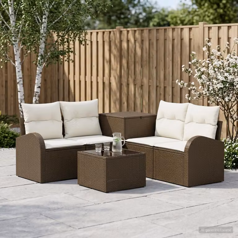 Set di divani da giardino vidaXL 6 pezzi con tavolino e pouf, design moderno a L, marrone e bianco