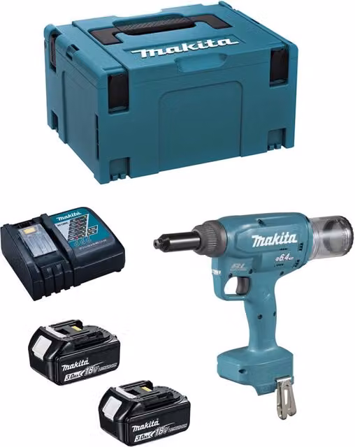 Rivettatrice Makita DRV250RFJ con 2 batterie da 3,0 Ah, caricabatterie DC18RC e valigetta MAKPAC 3 – 1