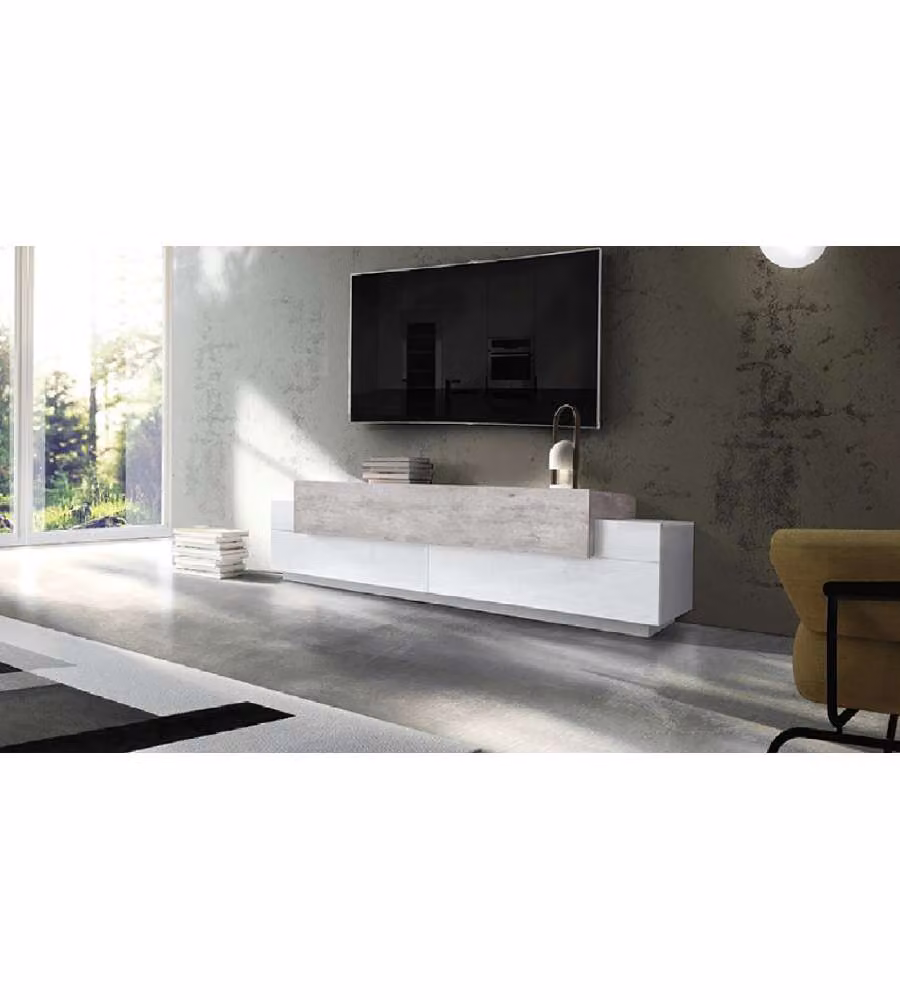 Porta Tv Corona Moderno 200 Bianco Lucido E Cemento