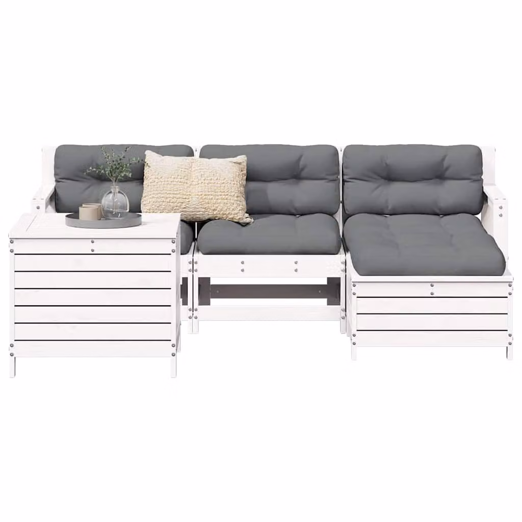 vidaXL Set Salotto da Giardino a L in Legno di Pino Bianco con Cuscini e Tavolino, 5 Pezzi