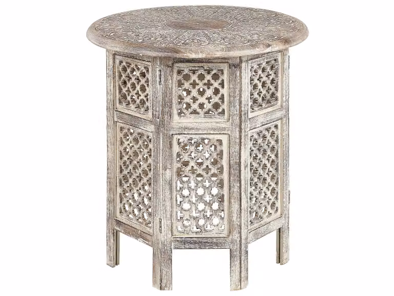 Tavolino BELIANI marrone chiaro in legno di mango base ottagonale piano rotondo 53 x 53 cm Design tradizionale
